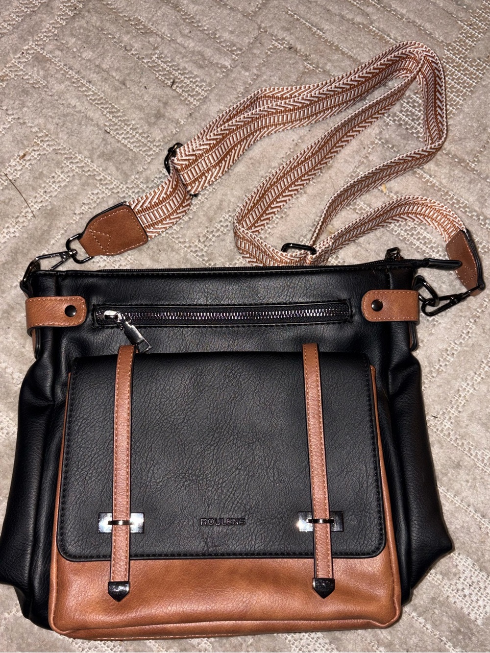 Roulens Two-Tone Black and Brown Messenger Bag with Adjustable Strap